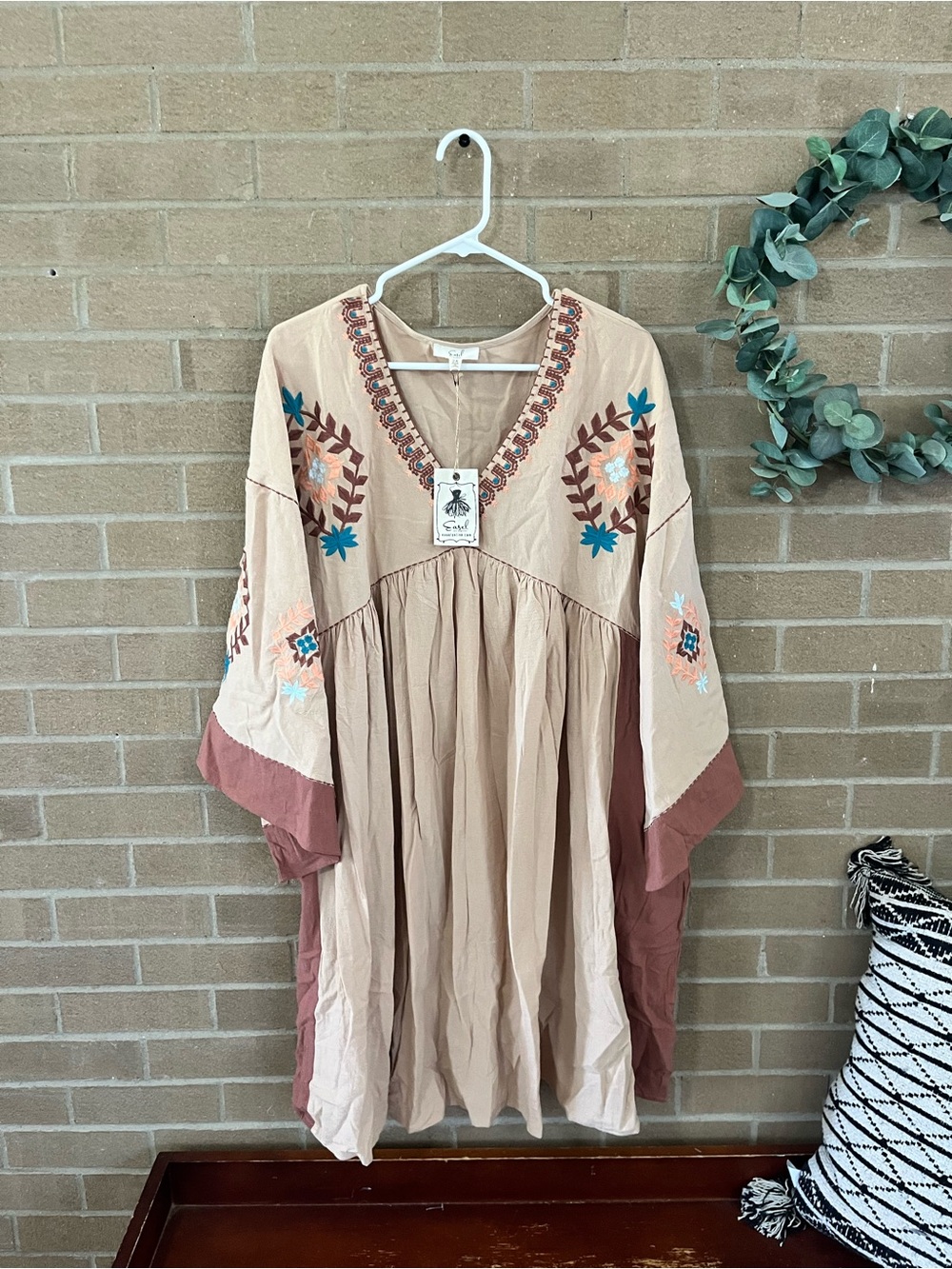 Boho Embroidered Beige Mini Dress with Dusty Rose Accents
